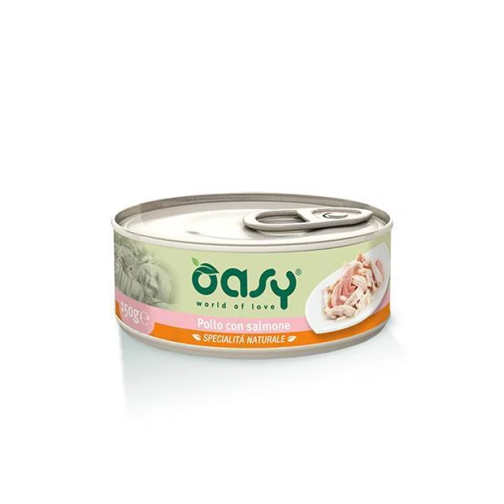 Oasy Pollo con Salmone Specialit&agrave; Naturali Cibo Umido per Gatti in Lattina 150 g