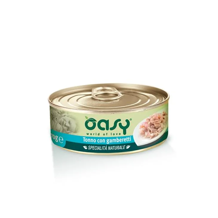 Oasy Tonno con Gamberetti Specialit&agrave; Naturali Cibo Umido per gatti in lattina 150 g