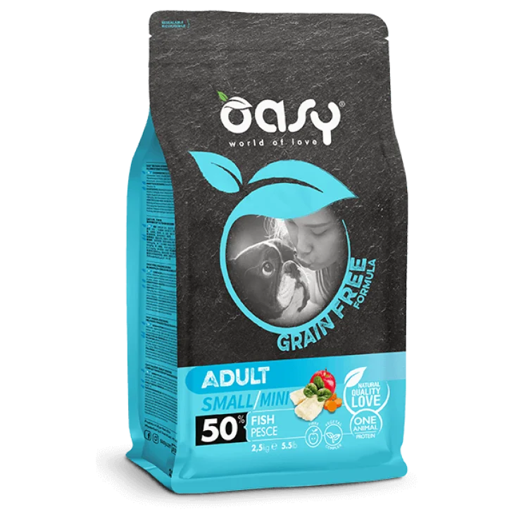 Oasy Grain Free Adult Small/Mini Cibo Secco per Cani Senza Glutine Gusto Pesce 2,5 kg Oasy Grain Free Adult Small/Mini Cibo Secco per Cani Senza Glutine Gusto Pesce 2,5 kg