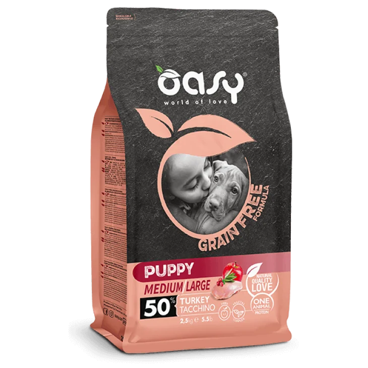 Oasy Grain Free Formula Puppy Medium/Large Cibo Secco per Cani Cuccioli Gusto Tacchino 2,5 kg Oasy Grain Free Formula Puppy Medium/Large Cibo Secco per Cani Cuccioli Gusto Tacchino 2,5 kg