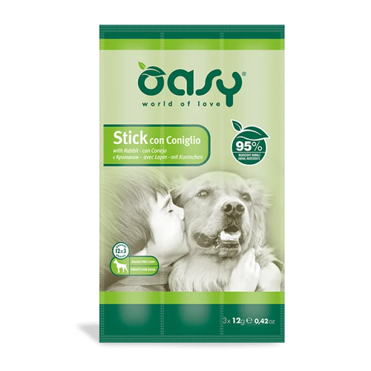 Oasy Snack Dog Stick con Coniglio Alimento Complementare per Cani 3x12 g Oasy Snack Dog Stick con Coniglio Alimento Complementare per Cani 3x12 g