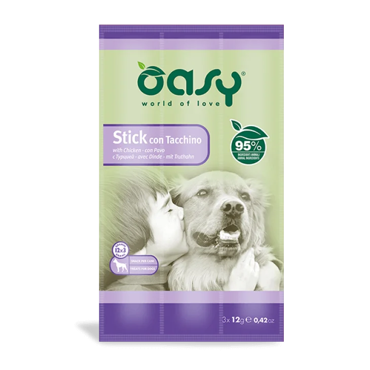 Oasy Snack Dog Stick con Tacchino Alimento Complementare per Cani 3x12 g Oasy Snack Dog Stick con Tacchino Alimento Complementare per Cani 3x12 g