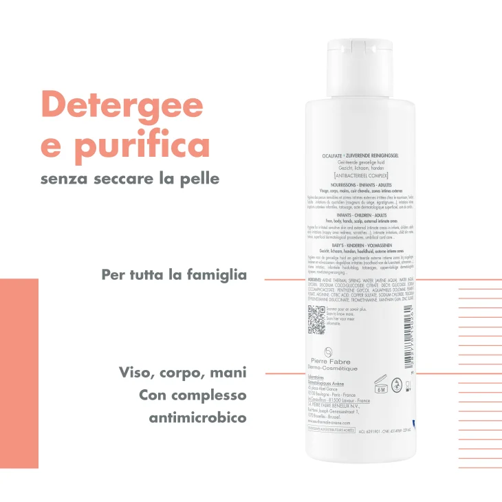 Av&egrave;ne Eau Thermale Cicalfate+ Gel Doccia Detergente Purificante, Idrata e Lenisce le irritazioni, Viso e corpo, Pelle fragilizzata per tutta la famiglia, 200 ml