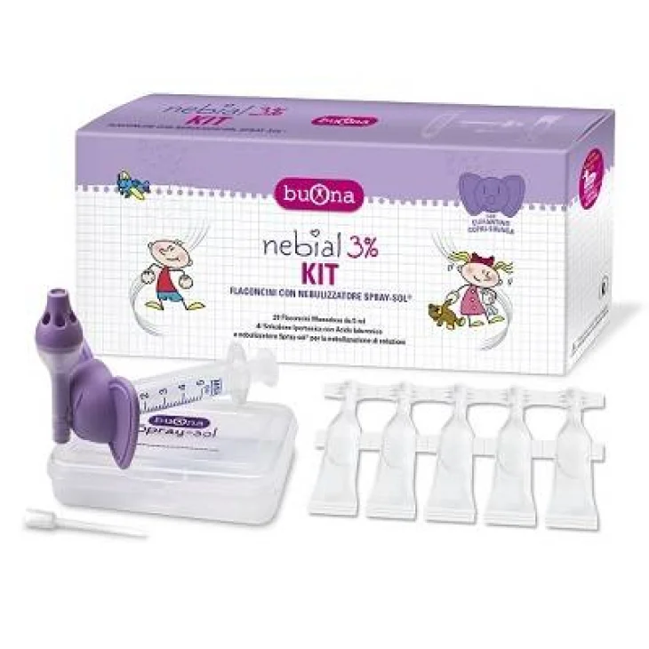 Nebial 3% Kit Soluzione Ipertonica Con Acido Ialuronico 20 Flaconcini Monodose 5 ml e Nebulizzatore Spray Nebial 3% Kit Soluzione Ipertonica Con Acido Ialuronico 20 Flaconcini Monodose 5 ml e Nebulizzatore Spray